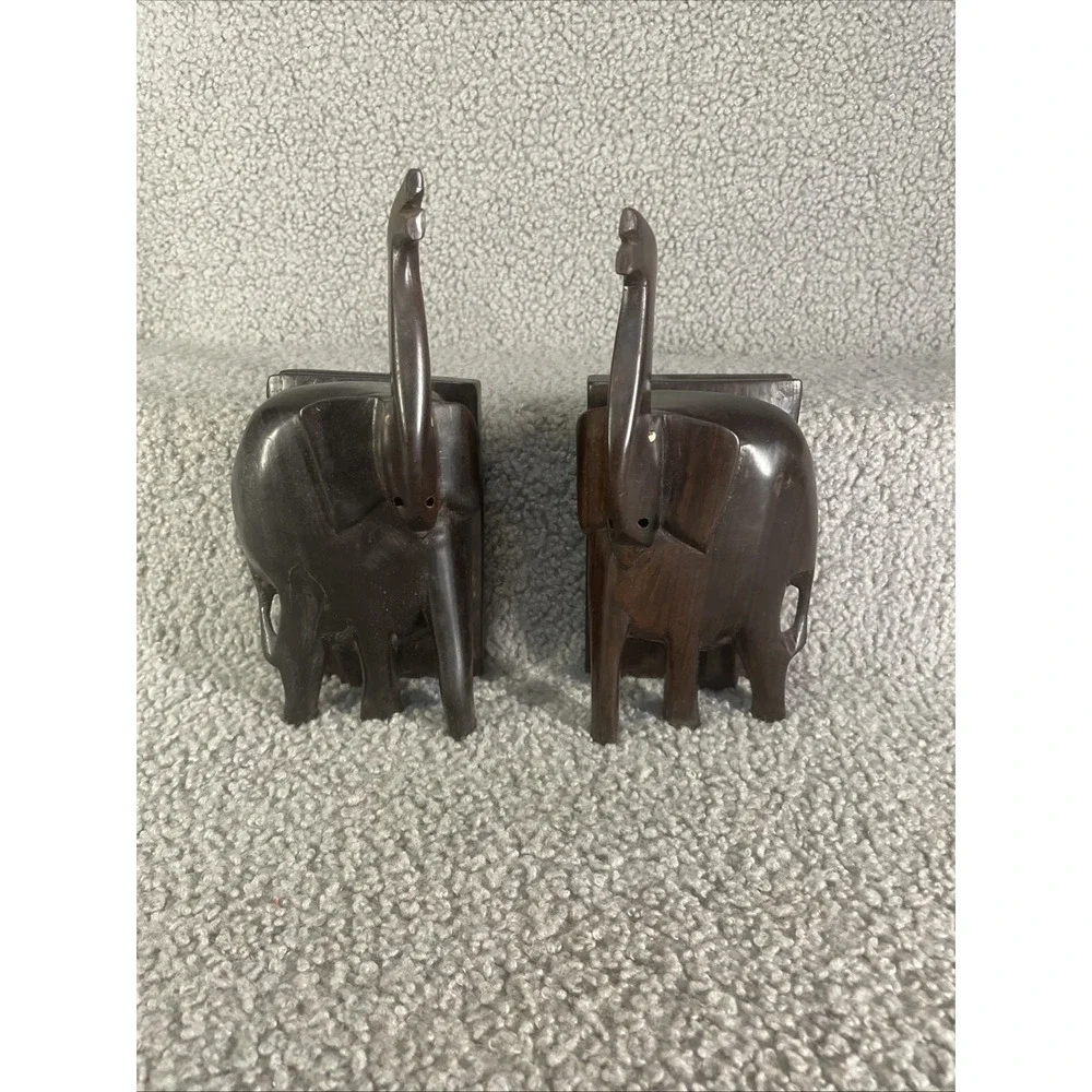 Vintage Handcarved Wooden‎ Elephant Bookends